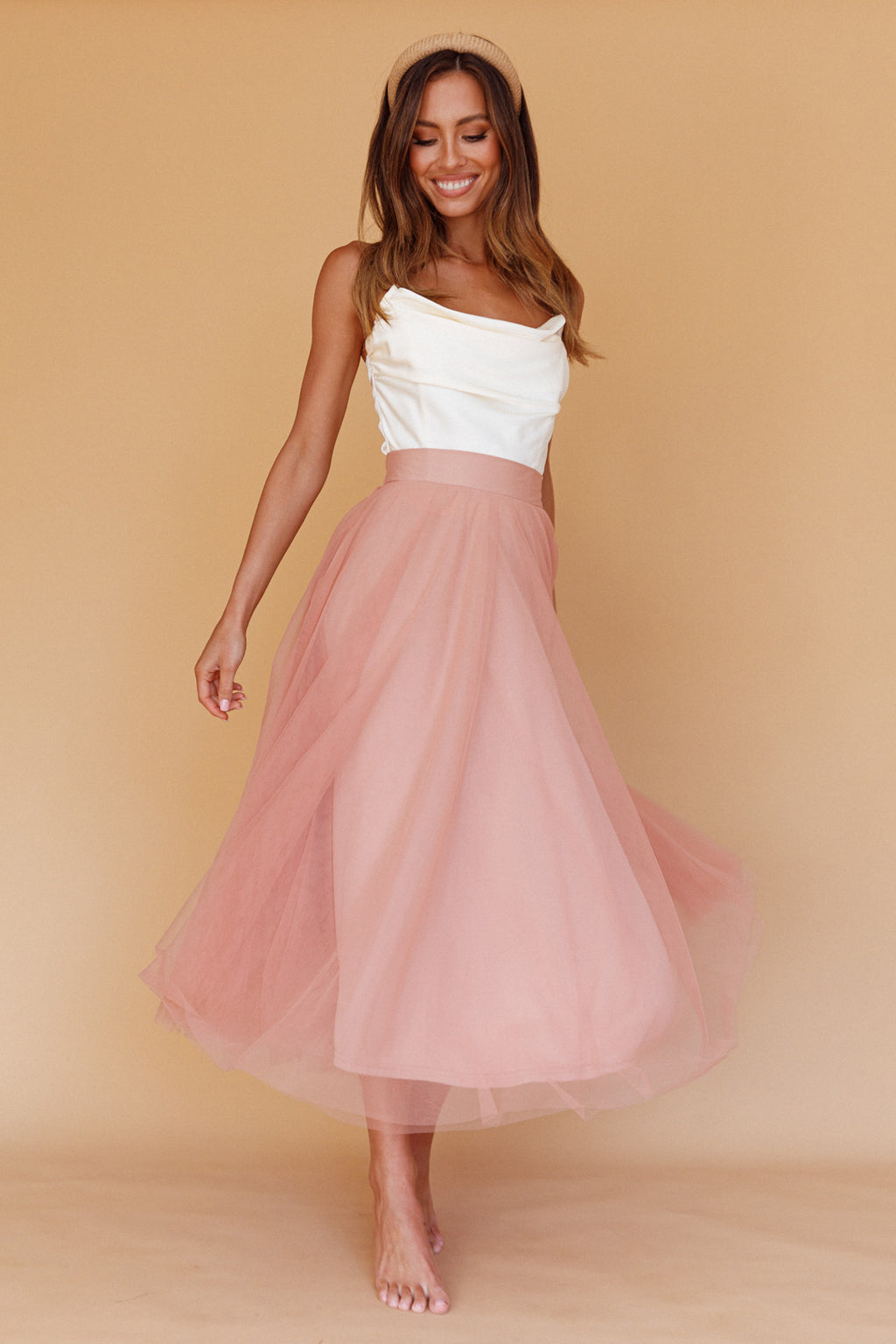 Jasmine Organza Mesh Elasticated Waist Midi Skirt Lipstick by Selfie Leslie Australia
