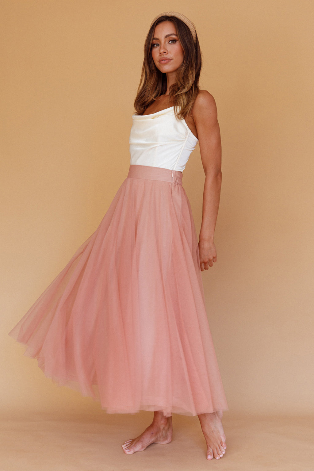 Jasmine Organza Mesh Elasticated Waist Midi Skirt Lipstick by Selfie Leslie Australia