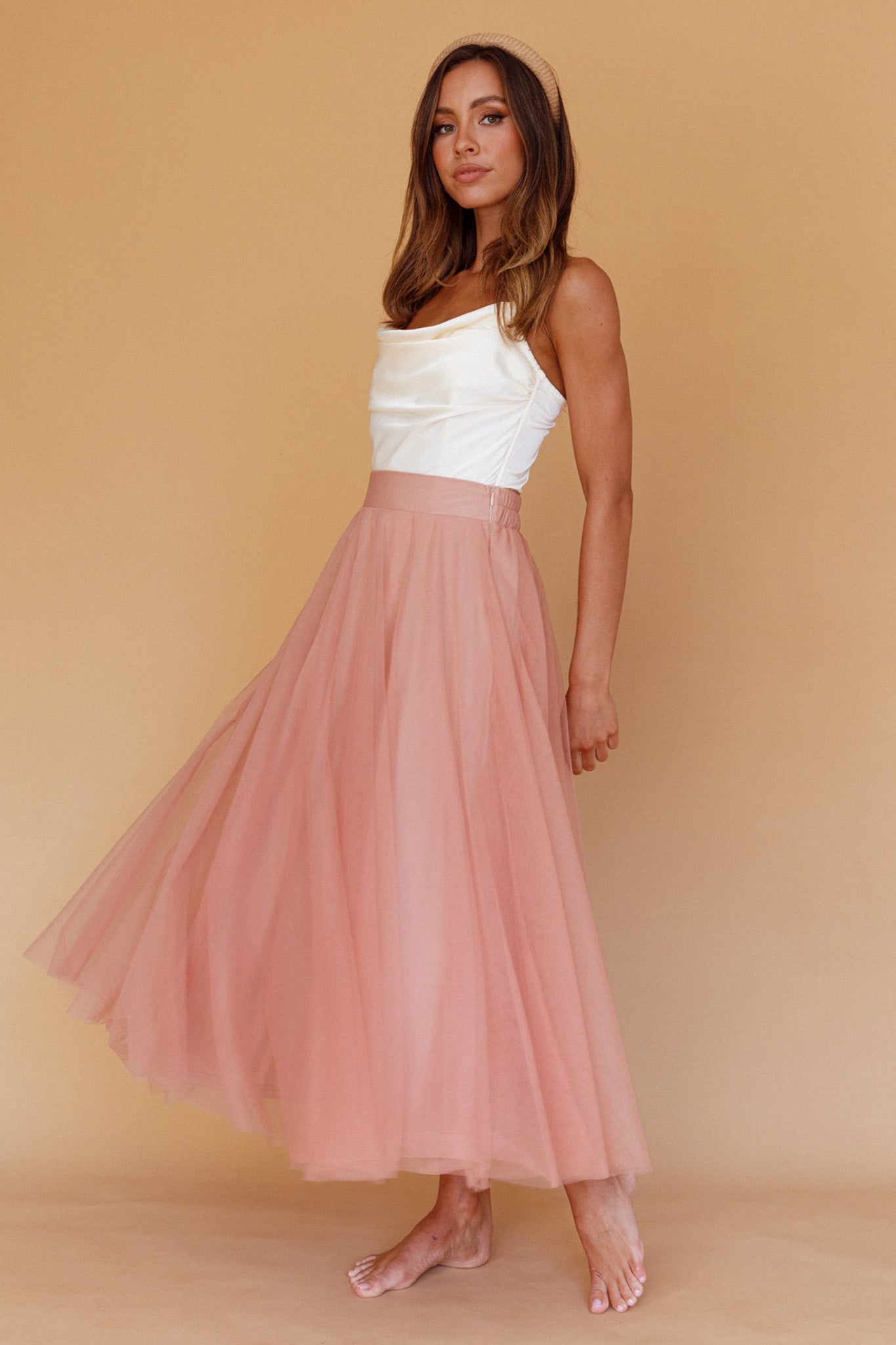 Jasmine Organza Mesh Elasticated Waist Midi Skirt Lipstick by Selfie Leslie Australia