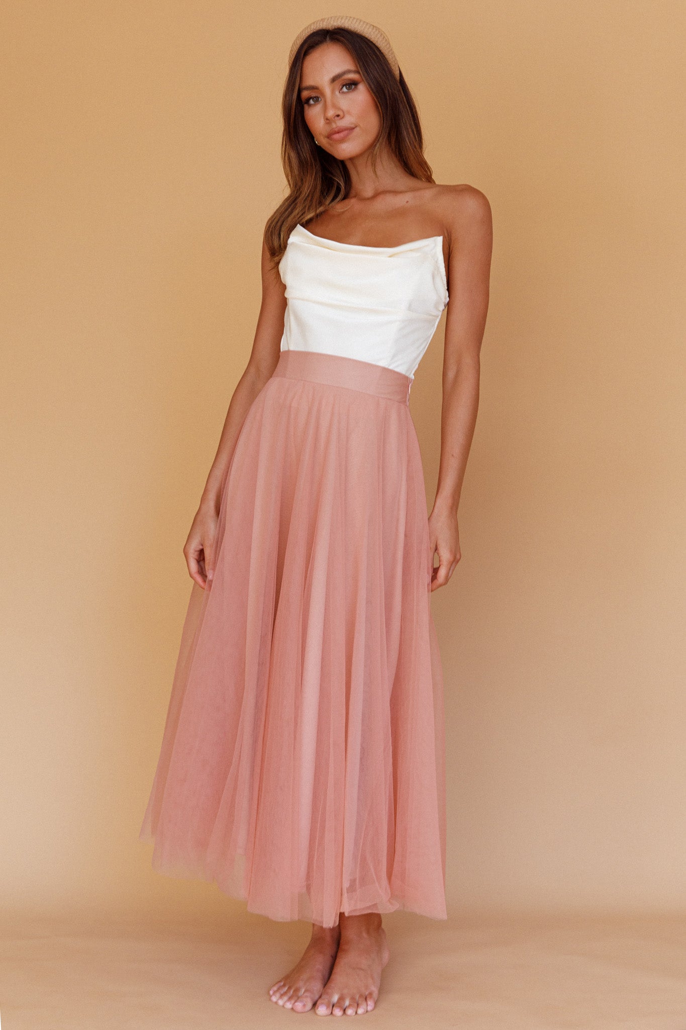 Jasmine Organza Mesh Elasticated Waist Midi Skirt Lipstick by Selfie Leslie Australia