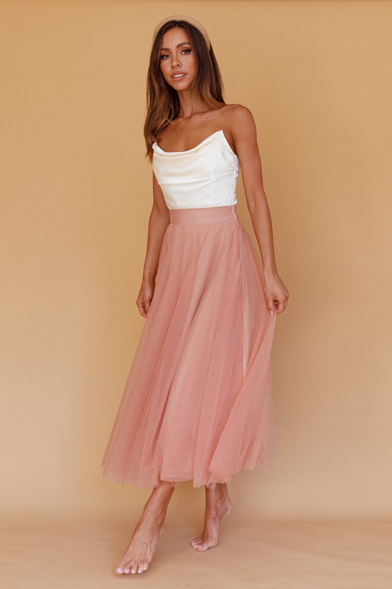 Jasmine Organza Mesh Elasticated Waist Midi Skirt Lipstick by Selfie Leslie Australia