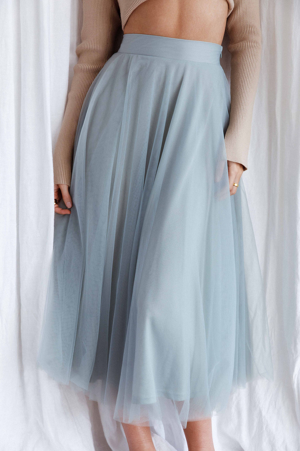 Jasmine Organza Mesh Elasticated Waist Midi Skirt Sage by Selfie Leslie Australia