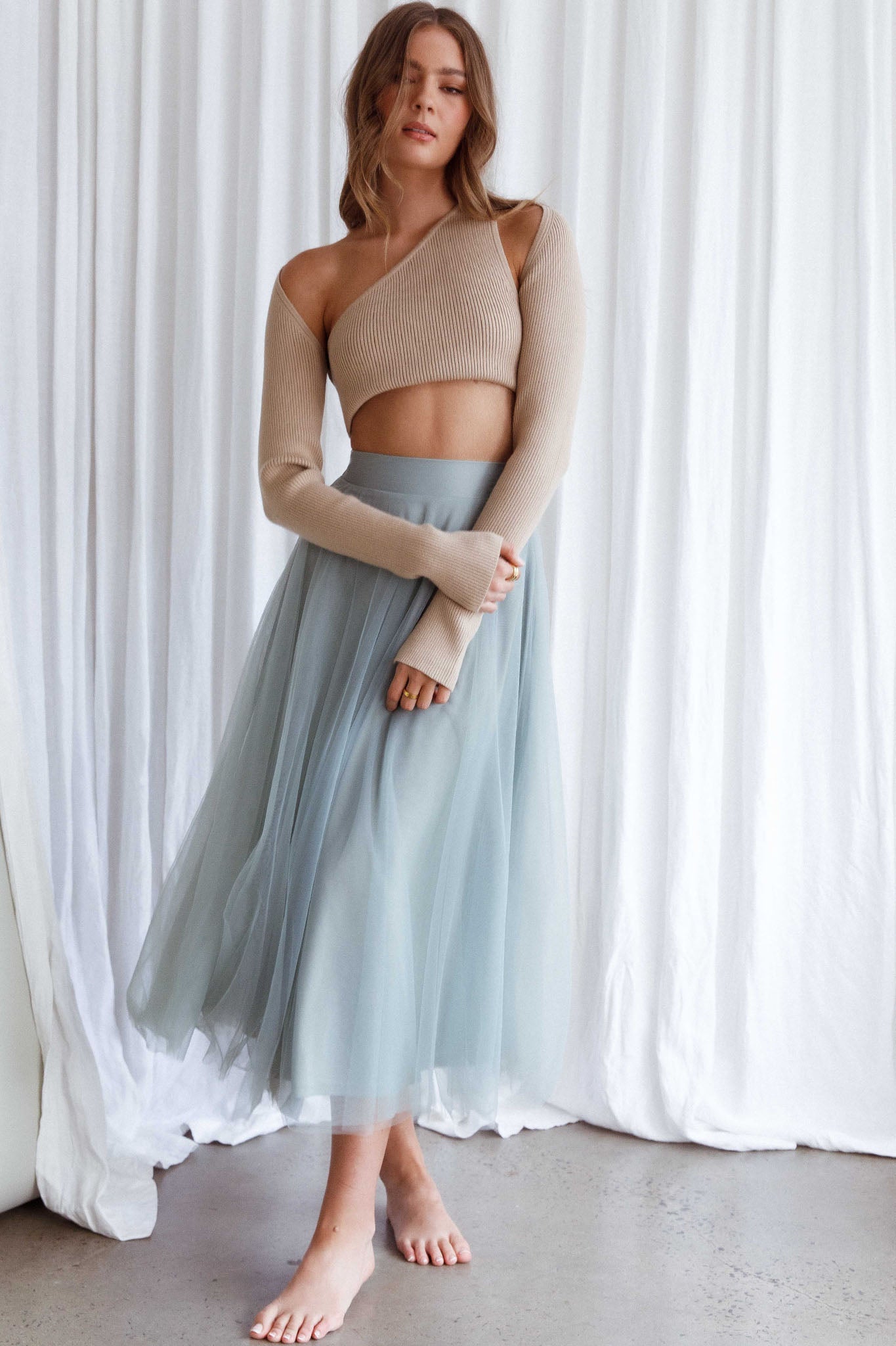 Jasmine Organza Mesh Elasticated Waist Midi Skirt Sage by Selfie Leslie Australia