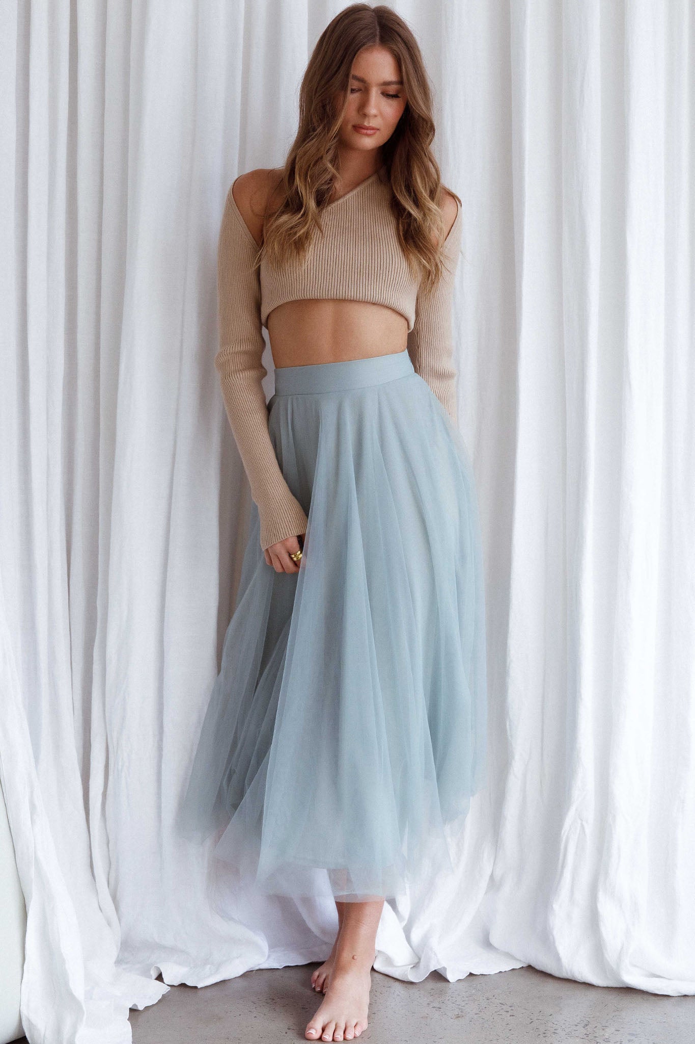 Jasmine Organza Mesh Elasticated Waist Midi Skirt Sage by Selfie Leslie Australia