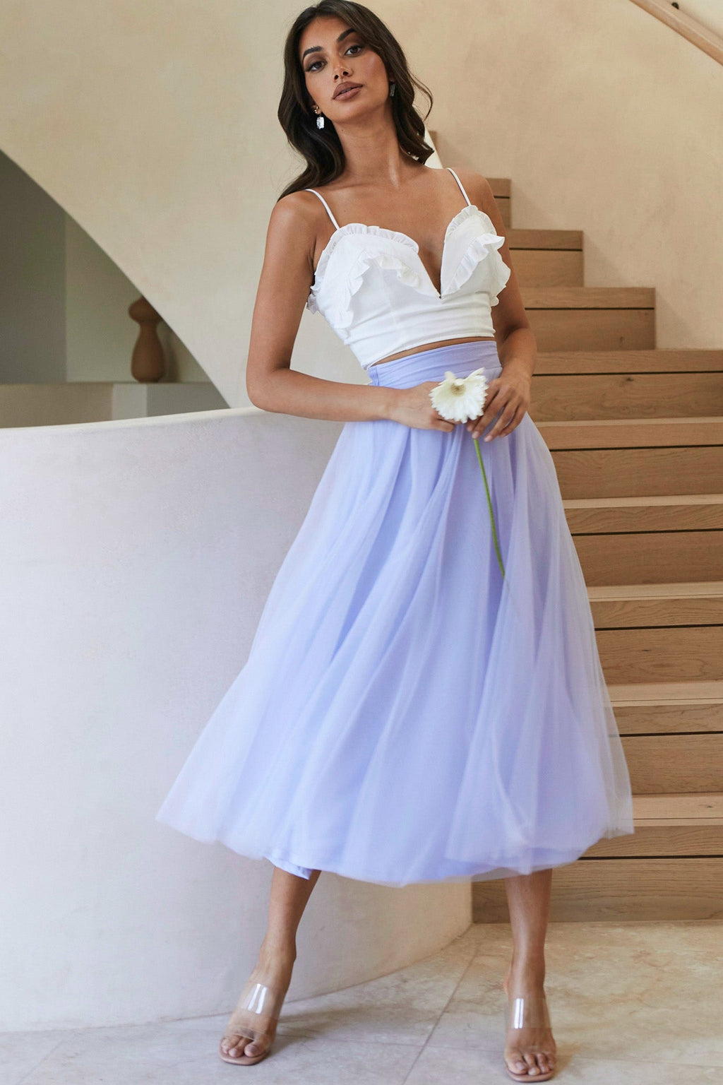 Jasmine Organza Mesh Elasticated Waist Midi Skirt Lavender by Selfie Leslie