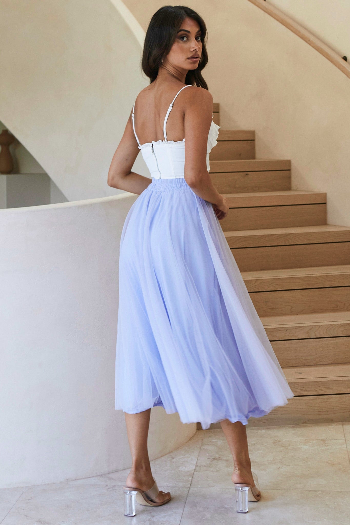 Jasmine Organza Mesh Elasticated Waist Midi Skirt Lavender by Selfie Leslie