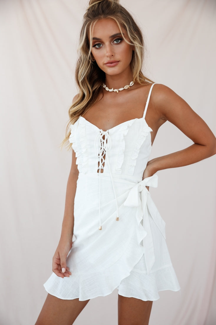 Come Hither Wrap Front Lace-Up Bust Dress White by Selfie Leslie