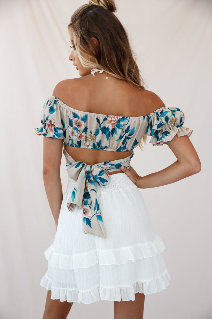 Linka Off-Shoulder Tie-Back Crop Top Floral Print Mocha by Selfie Leslie
