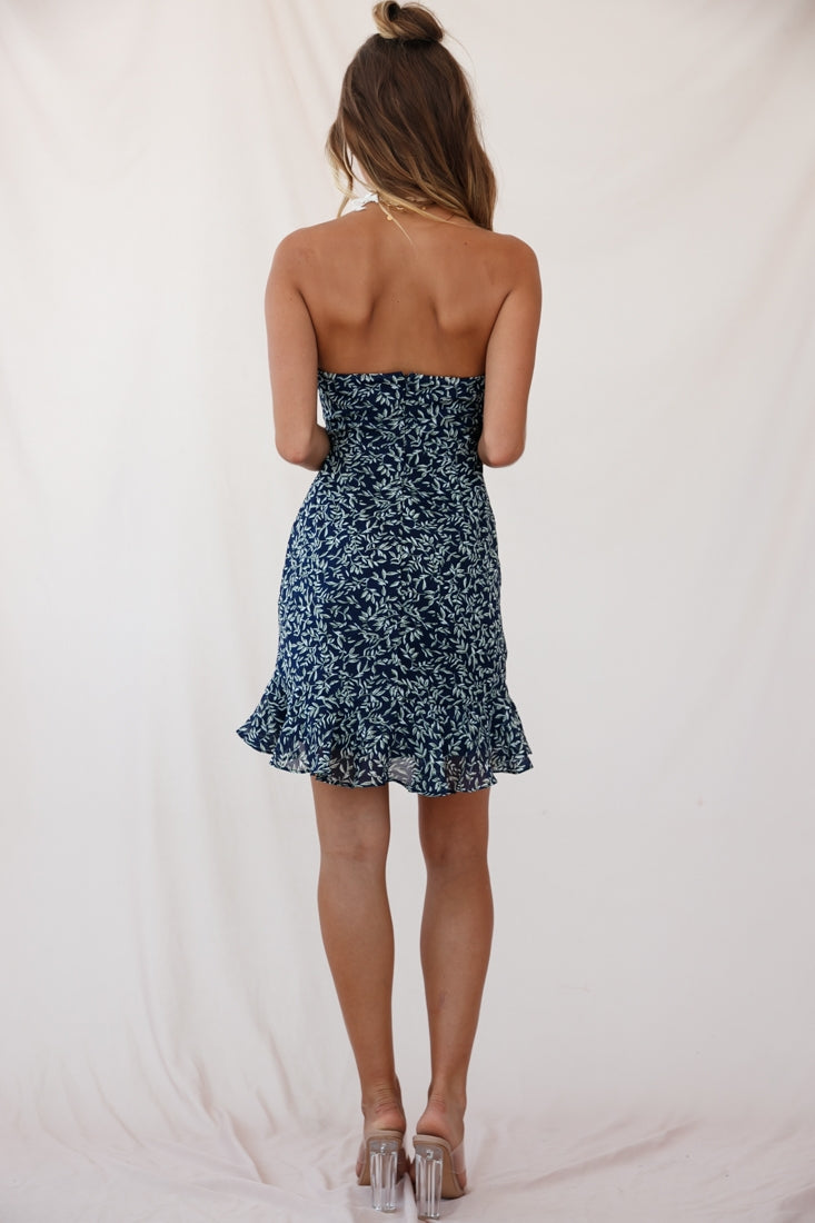 Lucky Tie-Knot Bust Ruffle Hem Mini Dress Leaf Print Navy by Selfie Leslie