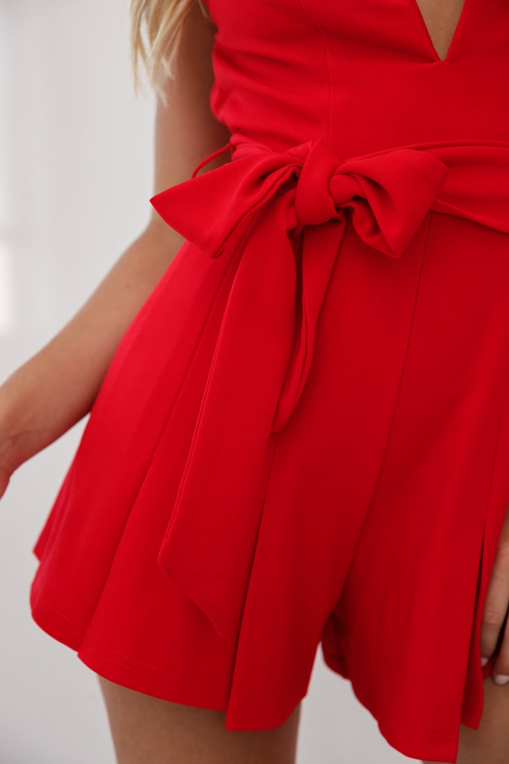 Wembley Spaghetti Strap Pleated Romper Red by Selfie Leslie