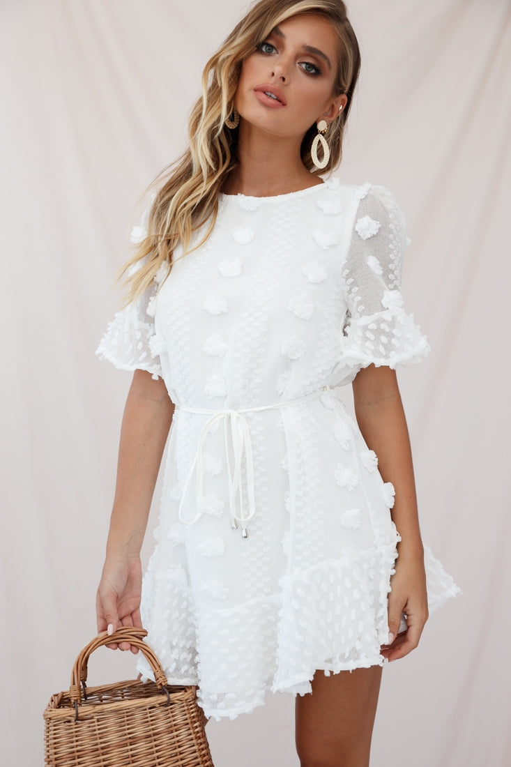 Maleny Embellished Fluted Hem Dress White by Selfie Leslie