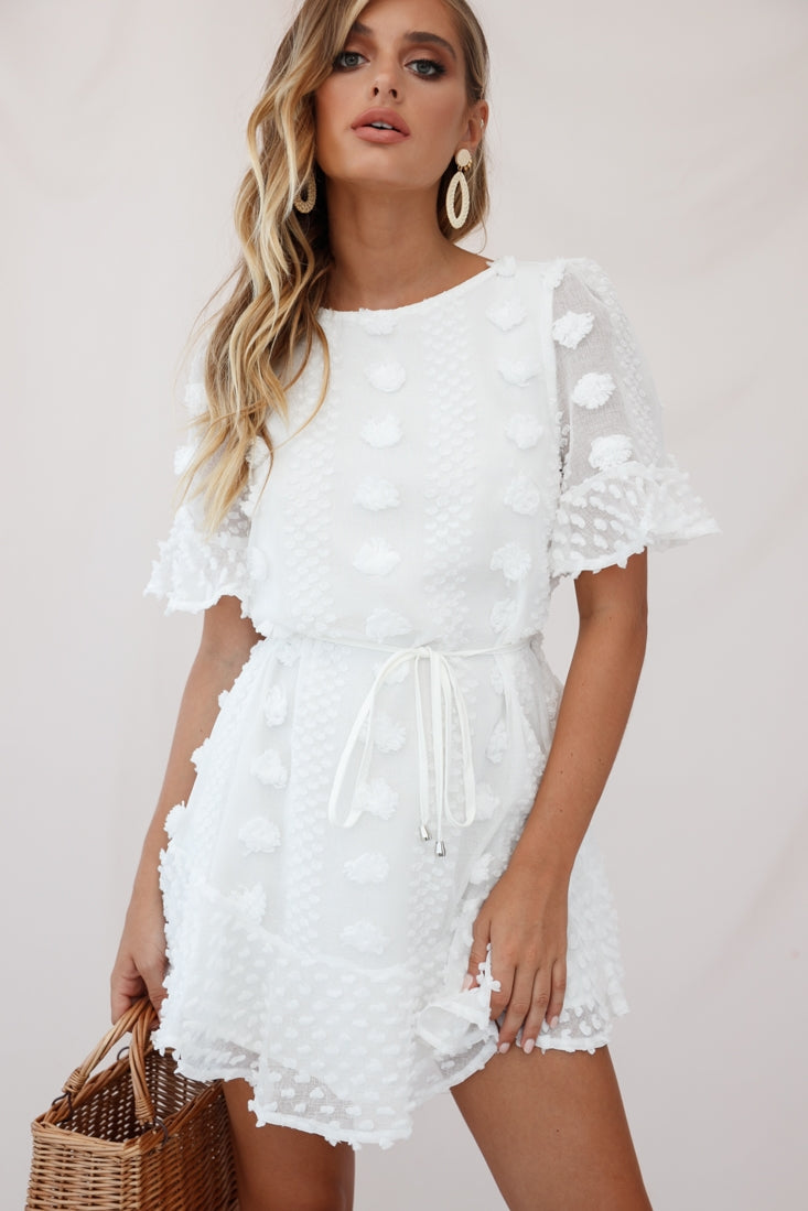 Maleny Embellished Fluted Hem Dress White by Selfie Leslie
