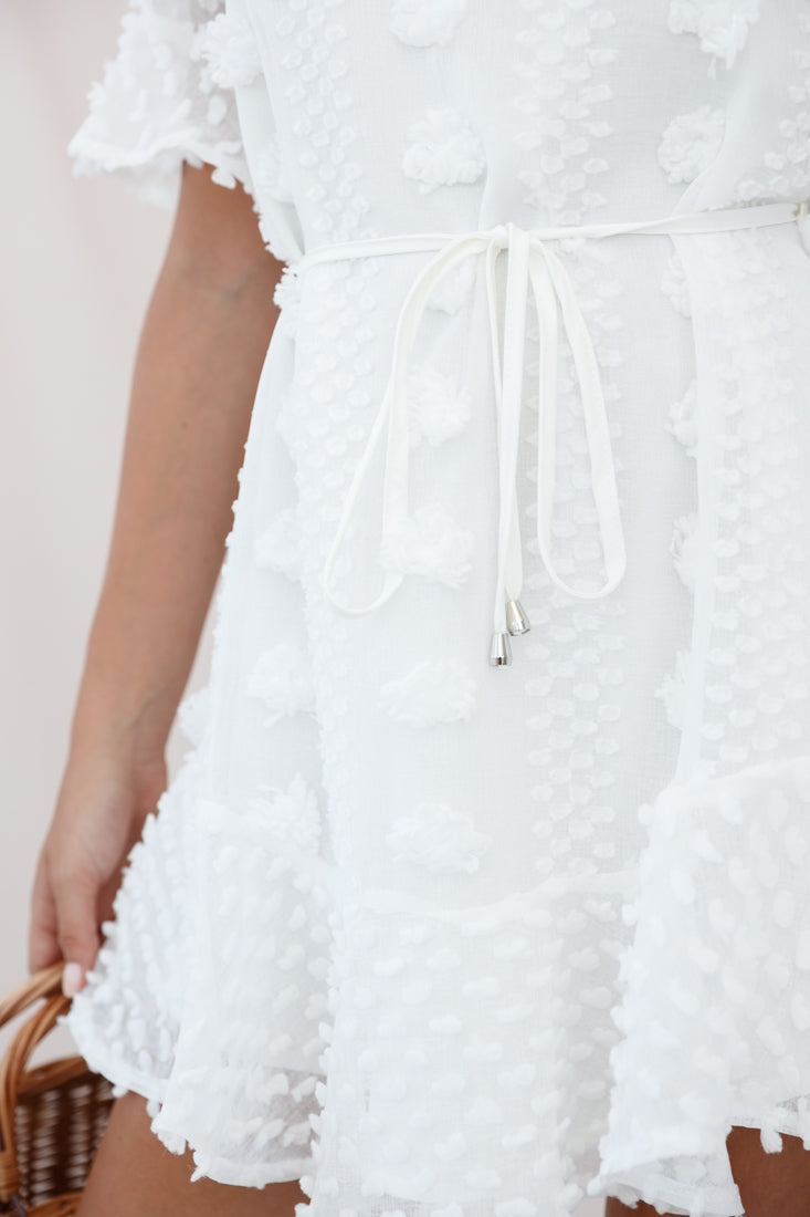 Maleny Embellished Fluted Hem Dress White by Selfie Leslie