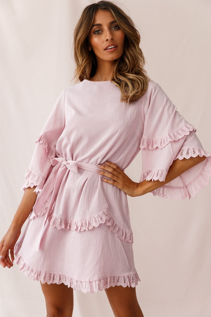 Talitha Waist Tie Lace Trim Dress Blush by Selfie Leslie