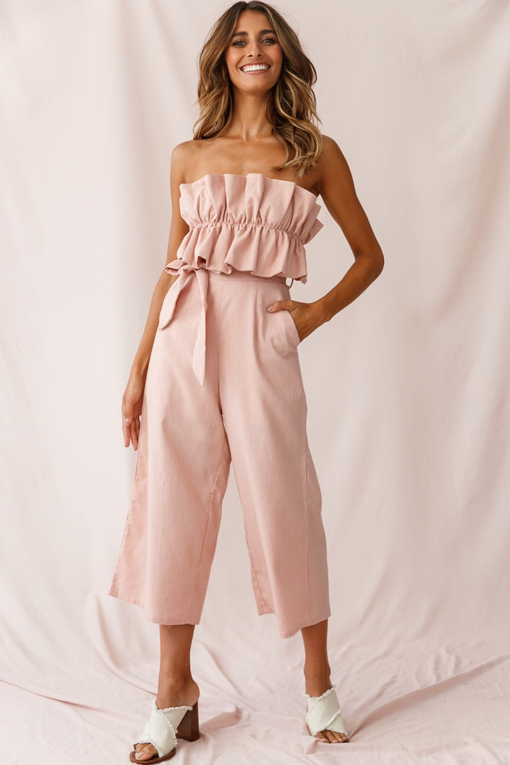 Thea Ruffle Crop Top Jumpsuit Blush by Selfie Leslie