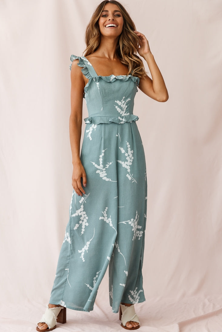 Azure Frill Strap Wide Leg Jumpsuit Sage by Selfie Leslie