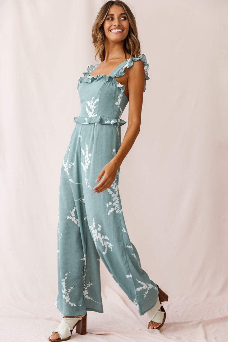 Azure Frill Strap Wide Leg Jumpsuit Sage by Selfie Leslie