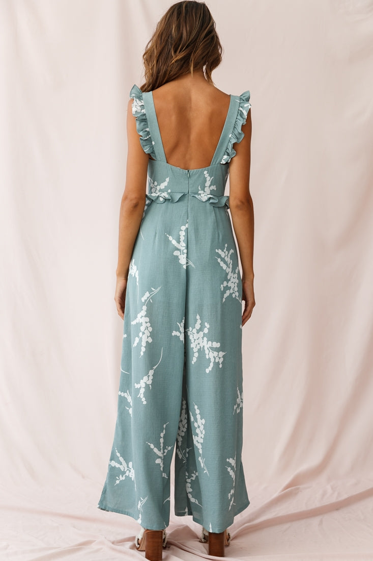 Azure Frill Strap Wide Leg Jumpsuit Sage by Selfie Leslie