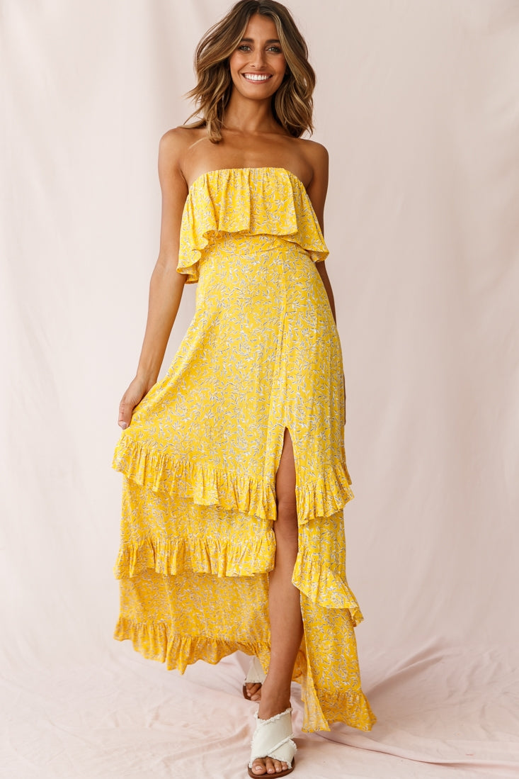 Kiya Layered Bandeau Maxi Dress Leaf Print Mustard by Selfie Leslie