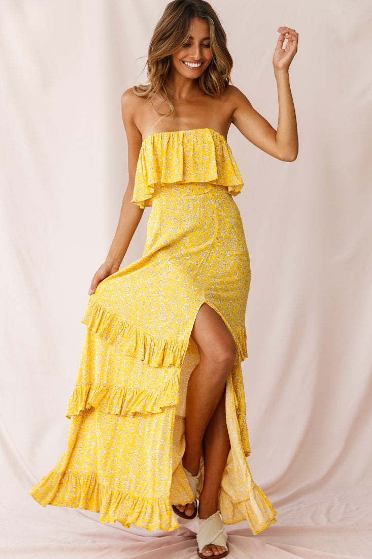 Kiya Layered Bandeau Maxi Dress Leaf Print Mustard by Selfie Leslie