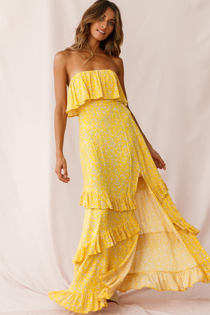 Kiya Layered Bandeau Maxi Dress Leaf Print Mustard by Selfie Leslie
