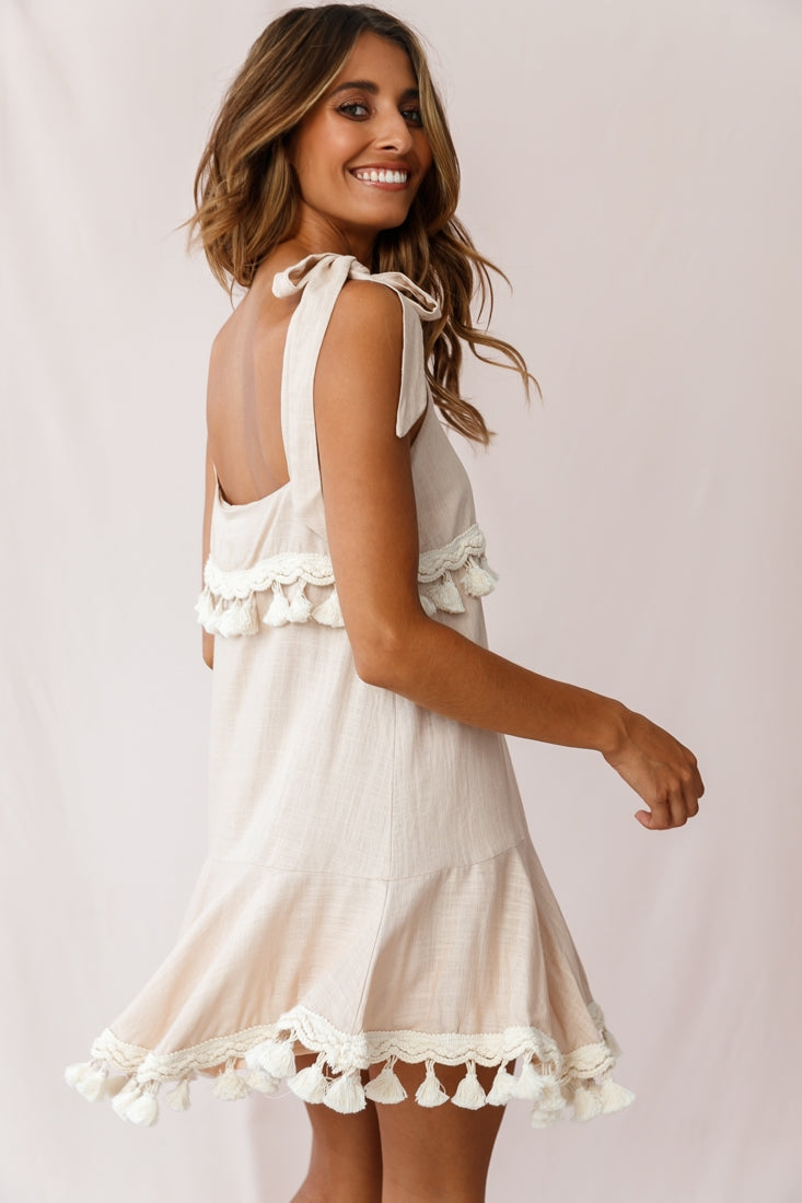 Sirocco Tassel Trim Tied Shoulder Dress Beige by Selfie Leslie