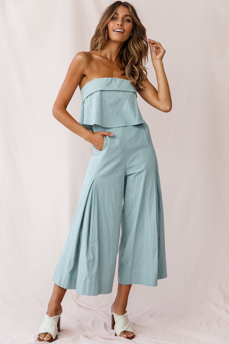Saturday Layered Bandeau Wide Leg Capri Jumpsuit Sage by Selfie Leslie