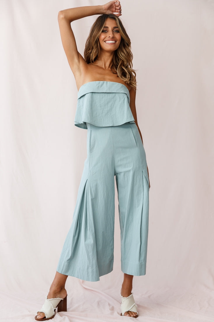 Saturday Layered Bandeau Wide Leg Capri Jumpsuit Sage by Selfie Leslie