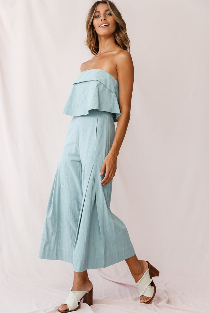 Saturday Layered Bandeau Wide Leg Capri Jumpsuit Sage by Selfie Leslie