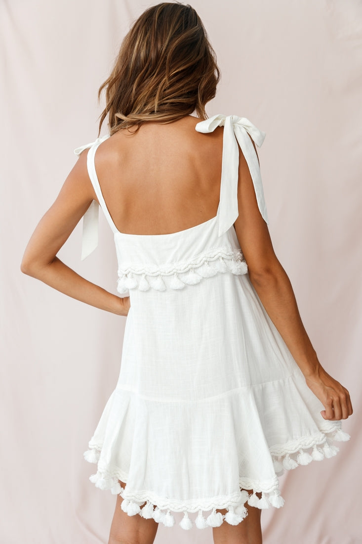 Sirocco Tassel Trim Tied Shoulder Dress White by Selfie Leslie