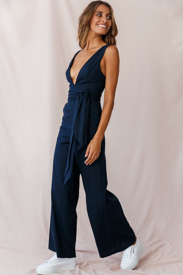 Dylan V-Neckline Wide Leg Jumpsuit Navy by Selfie Leslie
