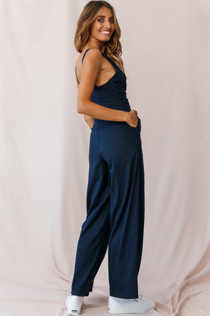 Dylan V-Neckline Wide Leg Jumpsuit Navy by Selfie Leslie