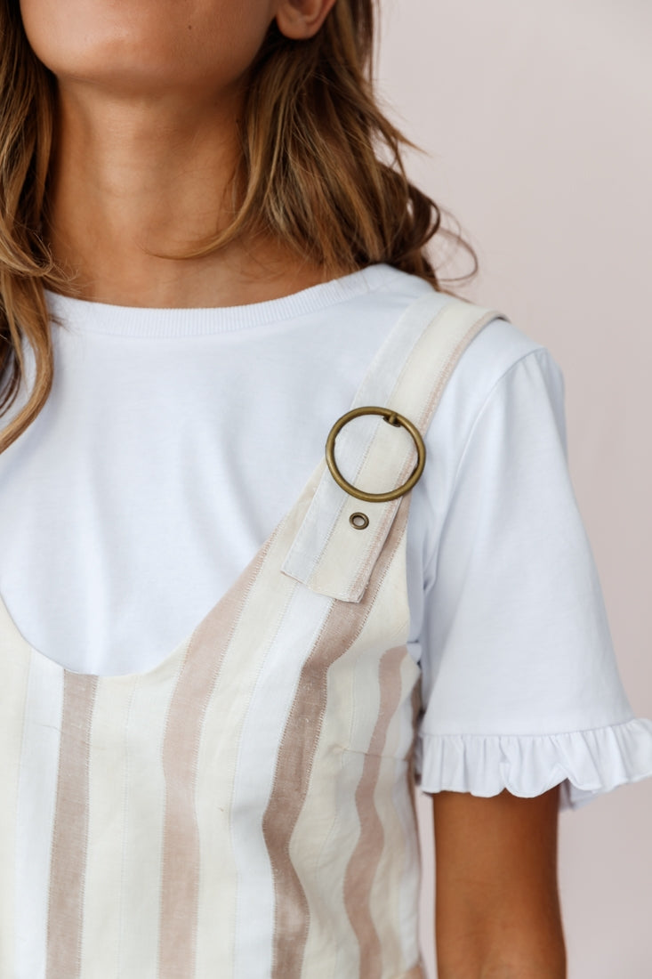 Neverland Buckle Strap Overalls Romper Stripe Print Beige by Selfie Leslie