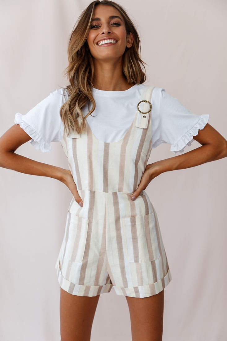 Neverland Buckle Strap Overalls Romper Stripe Print Beige by Selfie Leslie