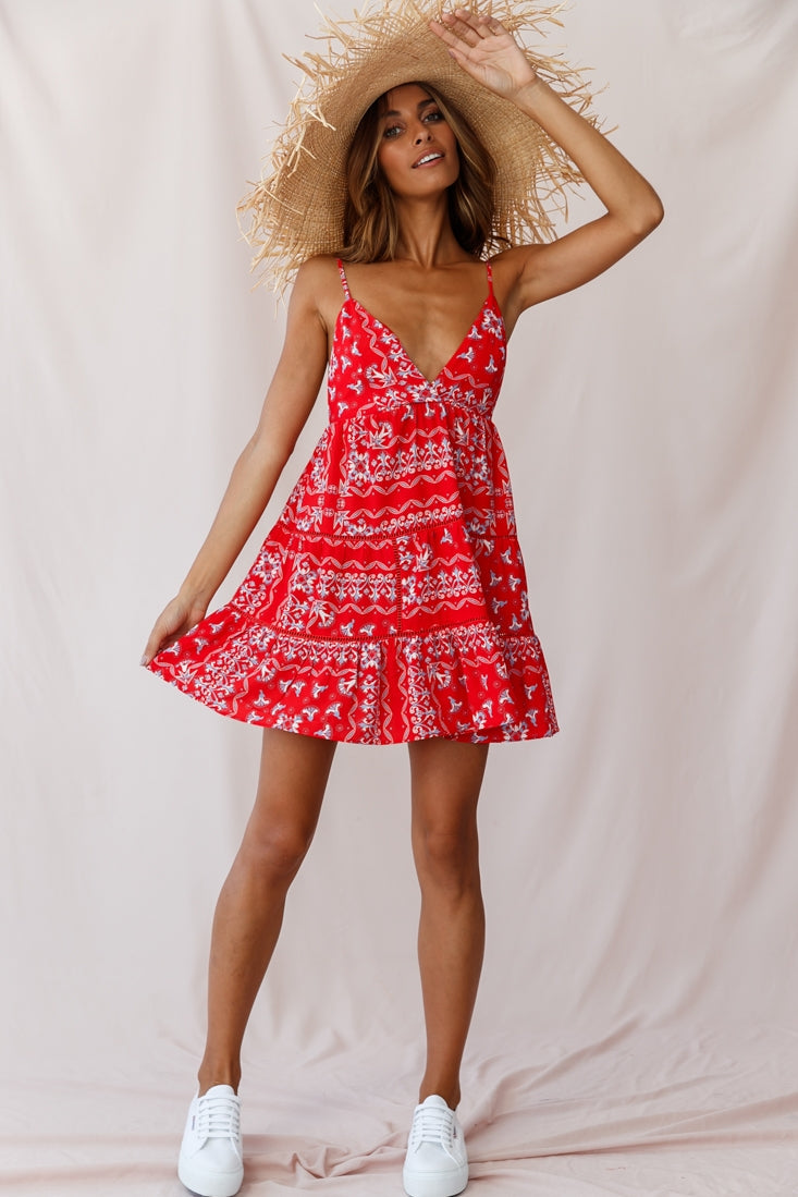 Ariya V-Neckline Frill Hem Sun Dress Red Print by Selfie Leslie
