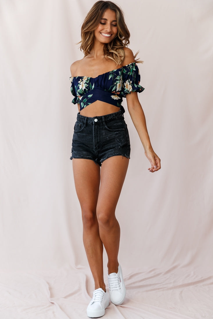 Linka Off-Shoulder Tie-Back Crop Top Floral Print Navy by Selfie Leslie