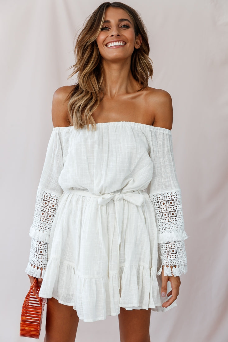 Mona Off-Shoulder Embellished Sleeve Dress White by Selfie Leslie