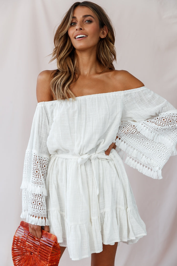 Mona Off-Shoulder Embellished Sleeve Dress White by Selfie Leslie