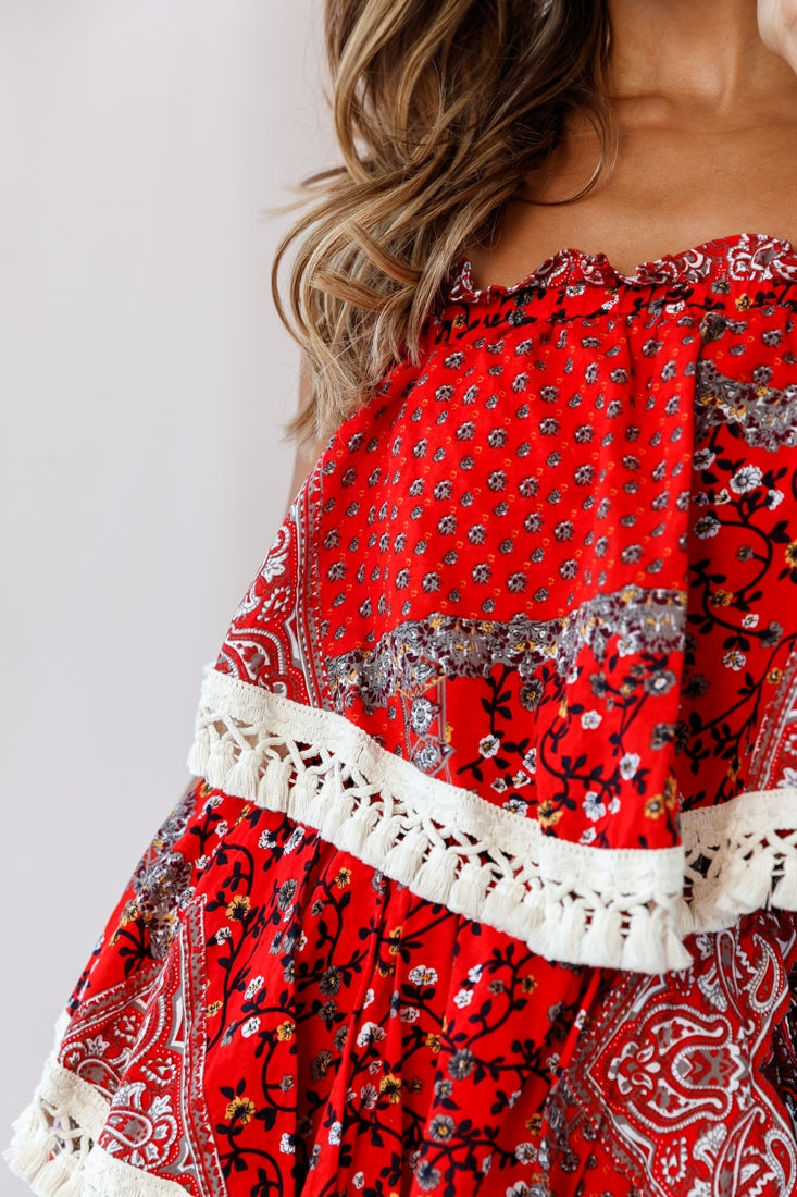 Palau Tassel-Trimmed Paisley Crop Top Red by Selfie Leslie