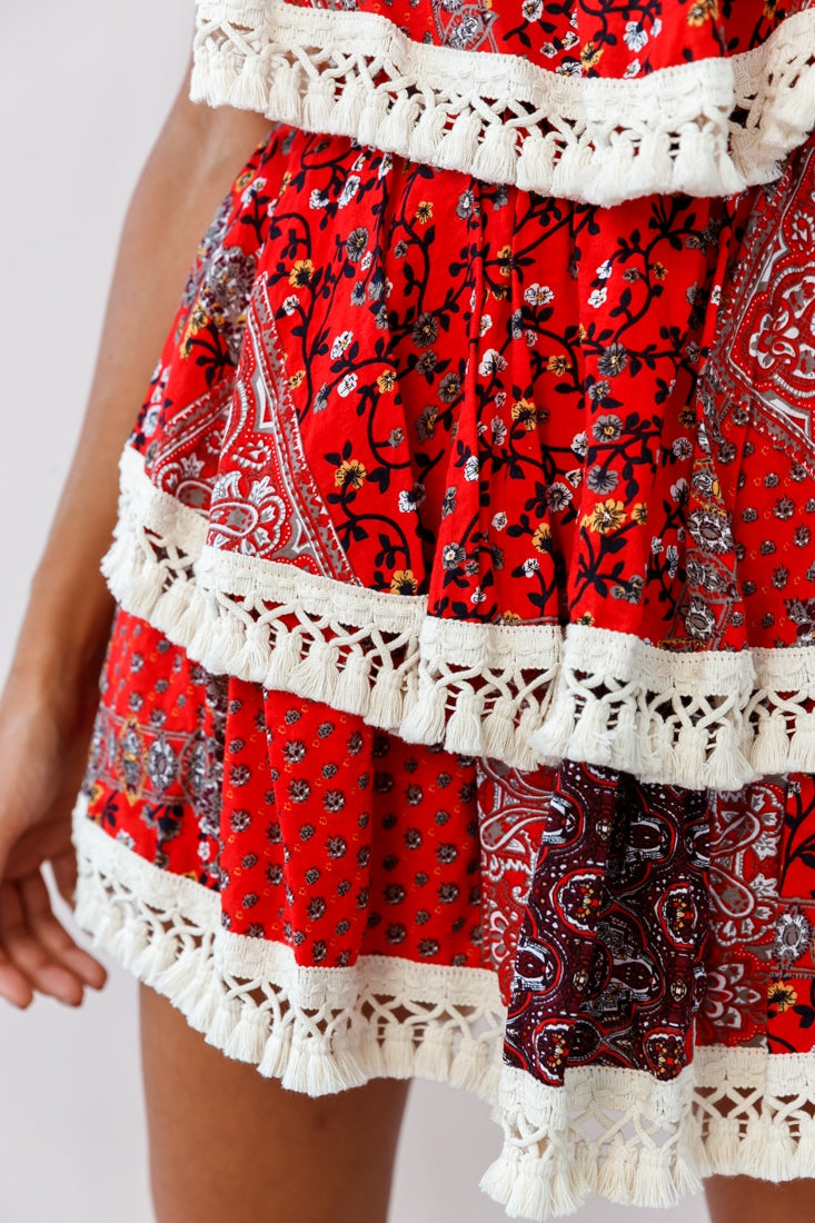 Palau Tassel-Trimmed Paisley Skirt Red by Selfie Leslie