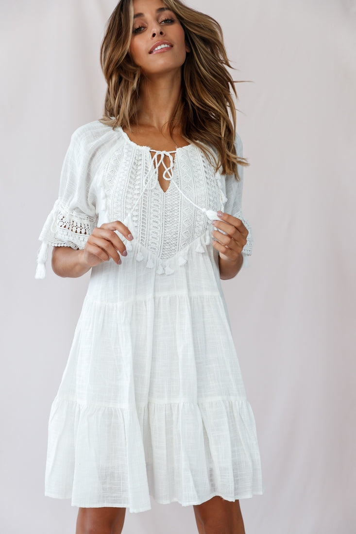 Jada Crochet and Tassel Kaftan Dress White by Selfie Leslie