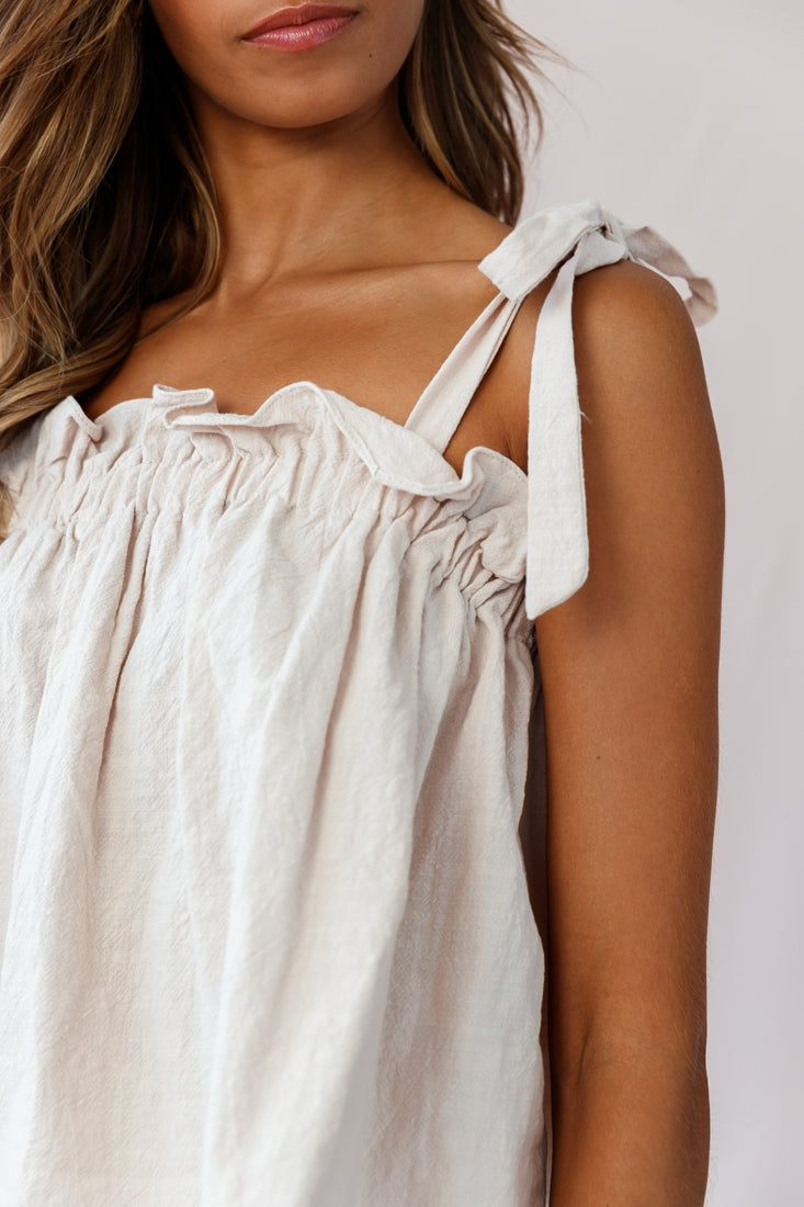 Journey Tied Shoulder Elasticated Neckline Top Beige by Selfie Leslie