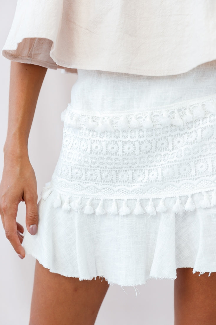 Elexa Crochet Appliqué Raw Hem Skirt White by Selfie Leslie