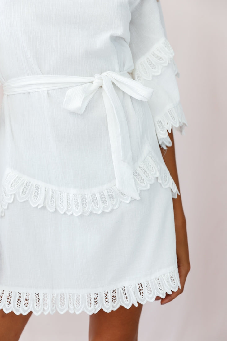 Talitha Waist Tie Lace Trim Dress White by Selfie Leslie