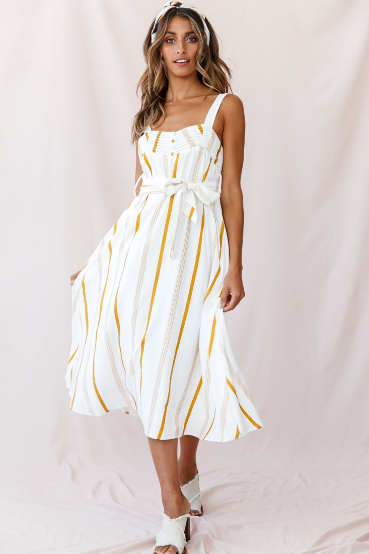 Colmar Wide Strap Midi Dress White Mustard Stripe by Selfie Leslie