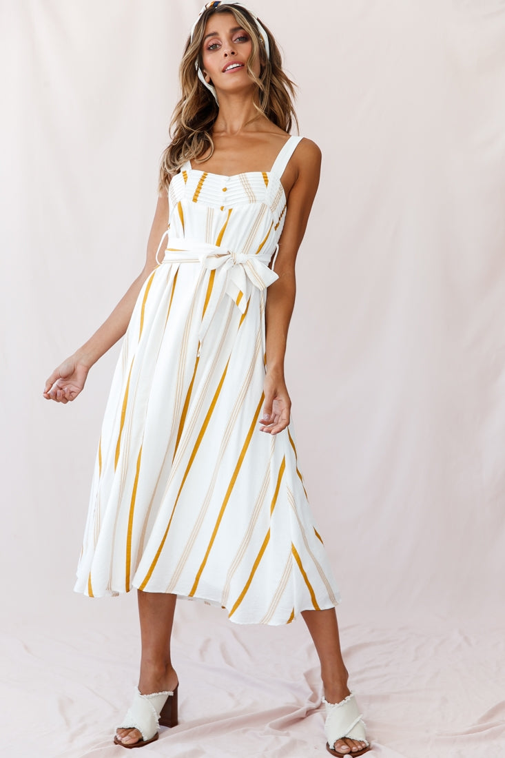 Colmar Wide Strap Midi Dress White Mustard Stripe by Selfie Leslie