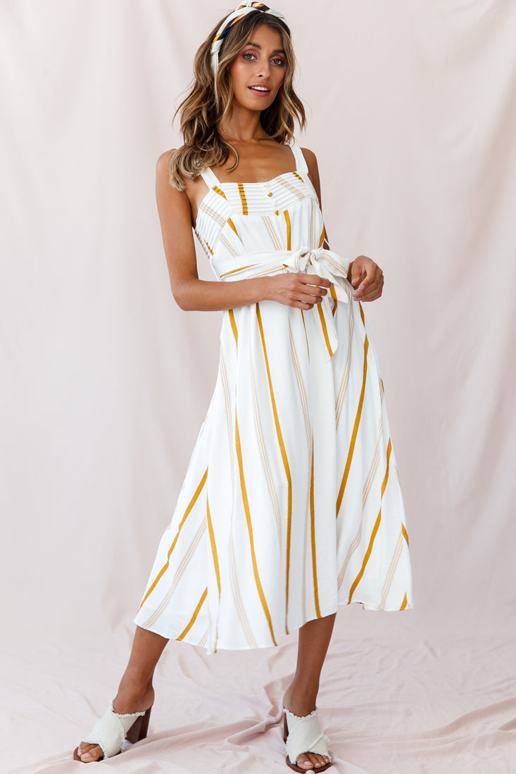 Colmar Wide Strap Midi Dress White Mustard Stripe by Selfie Leslie