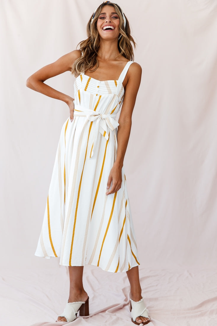 Colmar Wide Strap Midi Dress White Mustard Stripe by Selfie Leslie