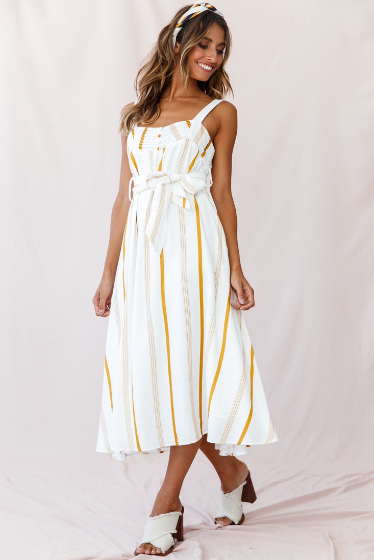 Colmar Wide Strap Midi Dress White Mustard Stripe by Selfie Leslie