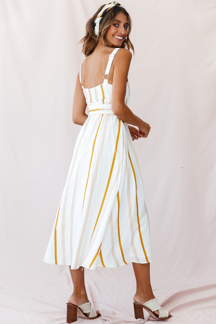 Colmar Wide Strap Midi Dress White Mustard Stripe by Selfie Leslie